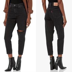 LEVIS Sliced High Waisted Mom Jeans Sz 26 X 29 Black Tapered Rigid Denim